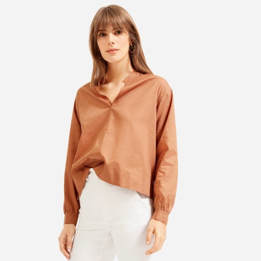 The Silky Cotton Split-Neck Blouse Sustainable Tawny Brown Beige Girl Size 2